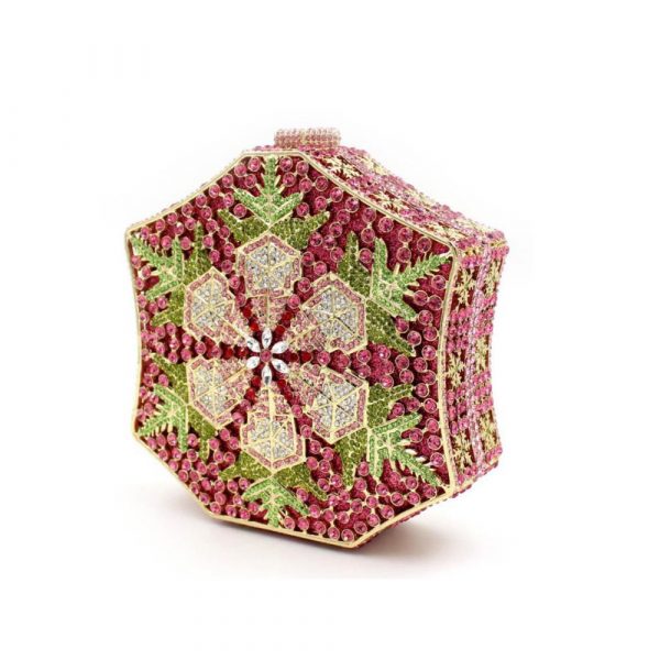 Octagonal Red Evening Clutch Hard Metal Case with Floral Diamonds - Image 2