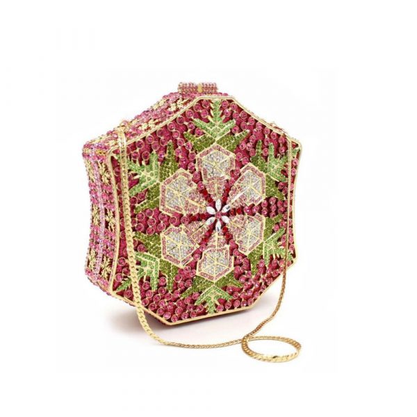 Octagonal Red Evening Clutch Hard Metal Case with Floral Diamonds - Image 3