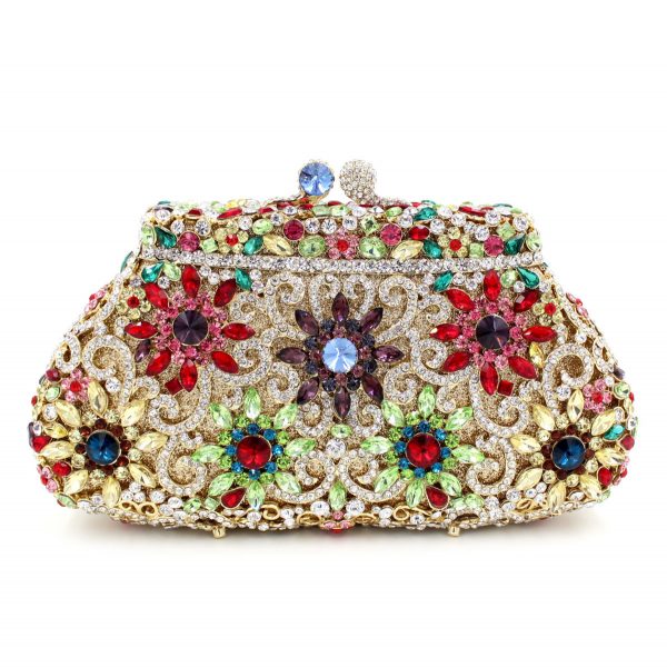 Trapezoidal Bridal Crystal Flowers Wedding Purse with Golden Chain