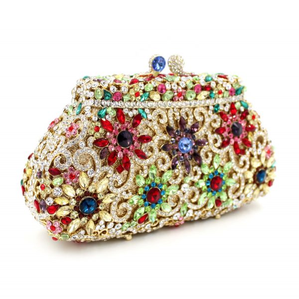 Trapezoidal Bridal Crystal Flowers Wedding Purse with Golden Chain - Image 2