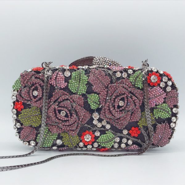 Square Clutch Handbag for Women with Crystal Red Rose Patterns Silver Chain