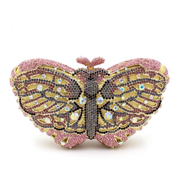 Heart-Shaped Butterfly Colored Crystal Evening Clutch for Women Golden Chain