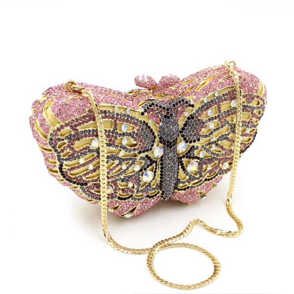 Heart-Shaped Butterfly Colored Crystal Evening Clutch for Women Golden Chain - Image 4