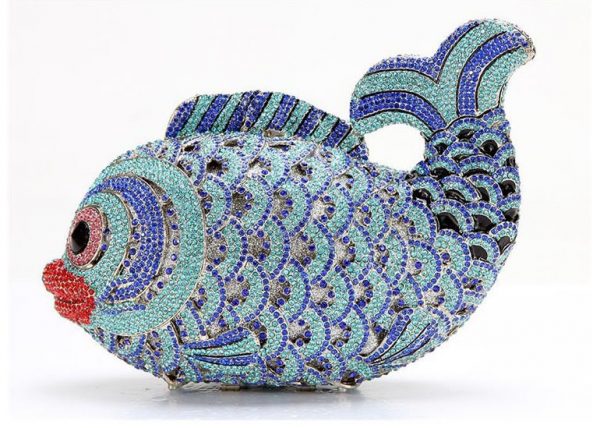 Light Blue Goldfish-Shaped Women Evening Purse with Swarovski Crystals Metal Chain - Image 3