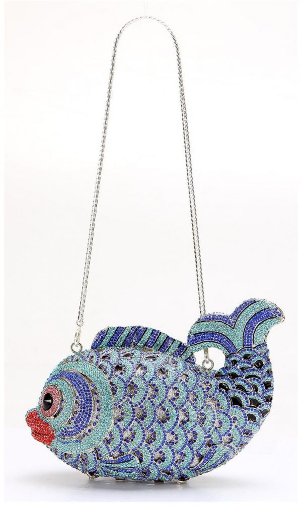 Light Blue Goldfish-Shaped Women Evening Purse with Swarovski Crystals Metal Chain - Image 4