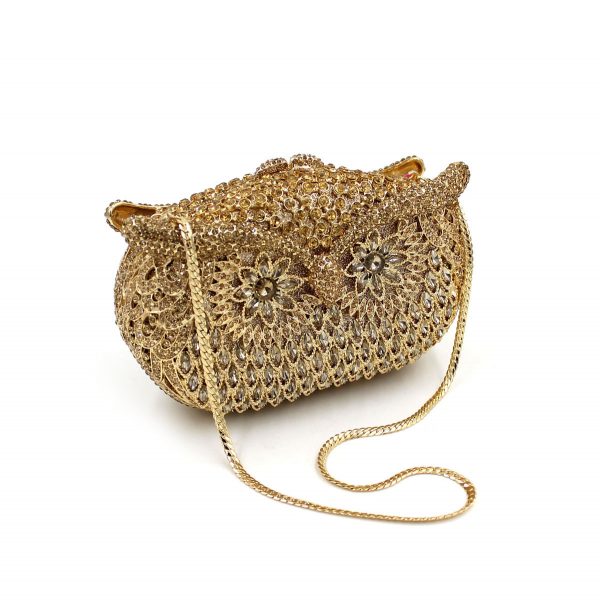 Golden Owl-shaped Crystal Evening Clutch Bag with Chain - Image 7