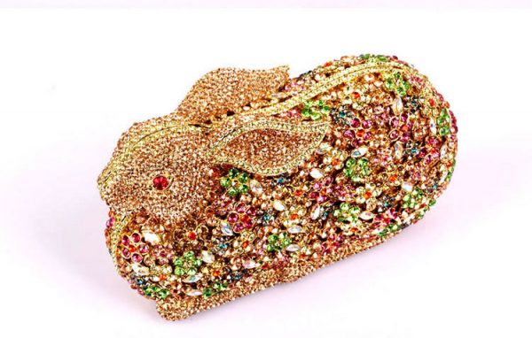 Luxurious Golden Rabbit Evening Clutch Alloy Hard Case Deco with Crystals - Image 3