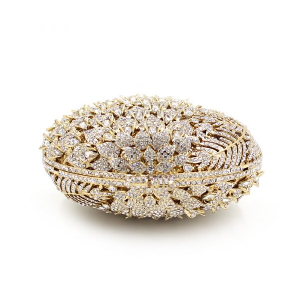 Round Golden Luxury Evening Bag Flower Patterns White Diamonds Decoration - Image 2