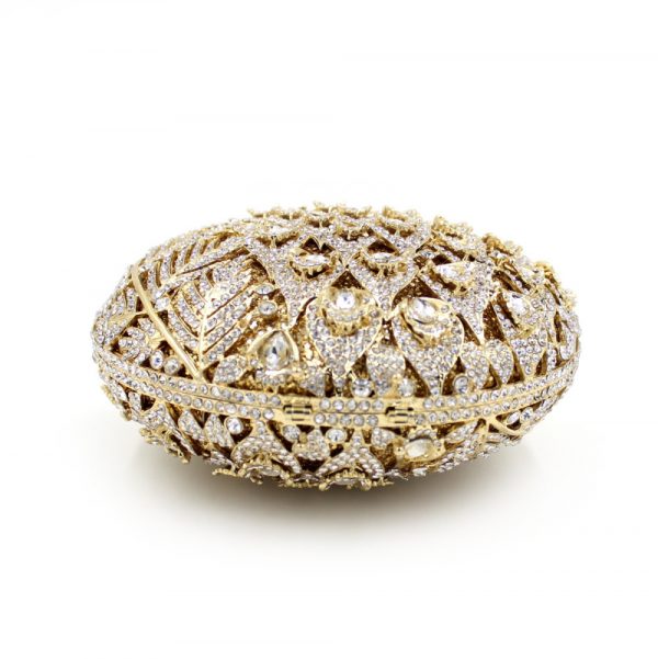 Round Golden Luxury Evening Bag Flower Patterns White Diamonds Decoration - Image 4