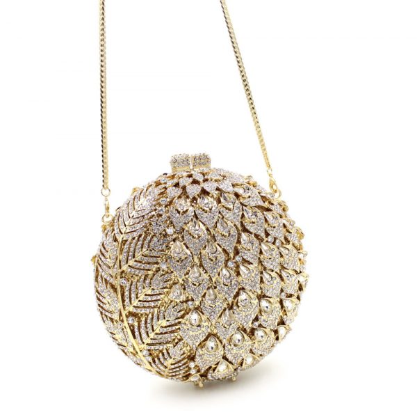 Round Golden Luxury Evening Bag Flower Patterns White Diamonds Decoration - Image 6