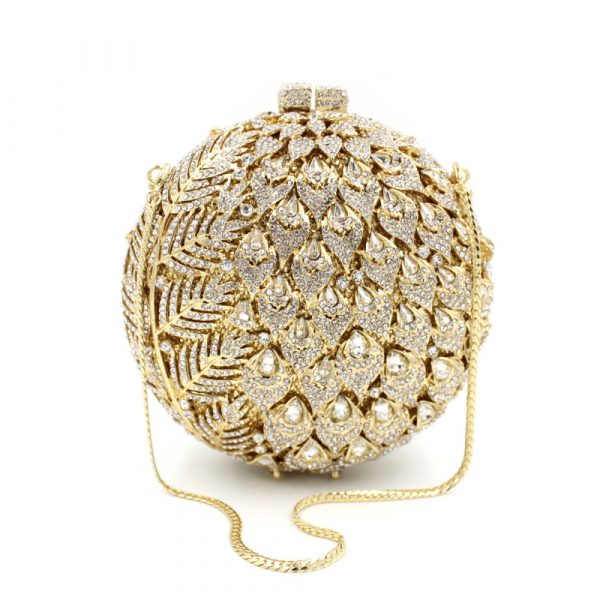 Round Golden Luxury Evening Bag Flower Patterns White Diamonds Decoration - Image 7