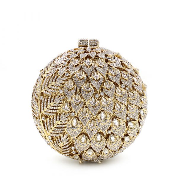 Round Golden Luxury Evening Bag Flower Patterns White Diamonds Decoration