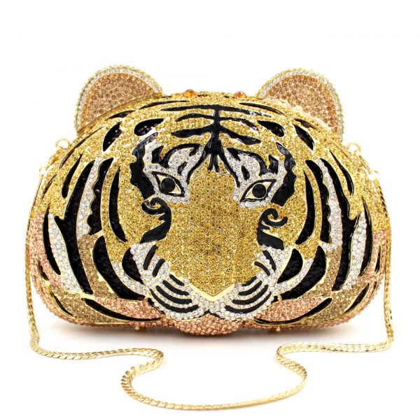 Golden Tiger Head Diamond Clutch Purse Two Ear Closure Buckle - Image 10