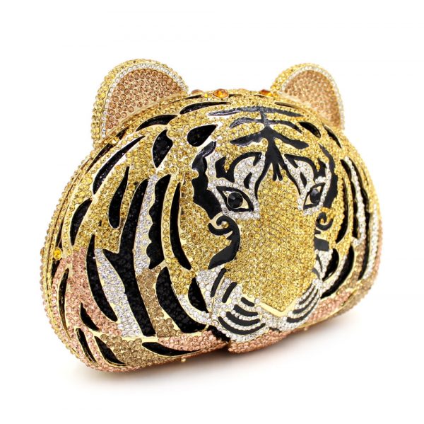 Golden Tiger Head Diamond Clutch Purse Two Ear Closure Buckle - Image 2