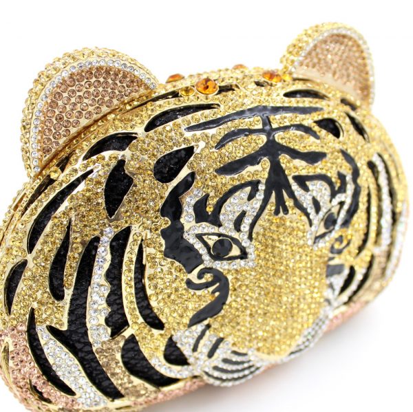 Golden Tiger Head Diamond Clutch Purse Two Ear Closure Buckle - Image 3