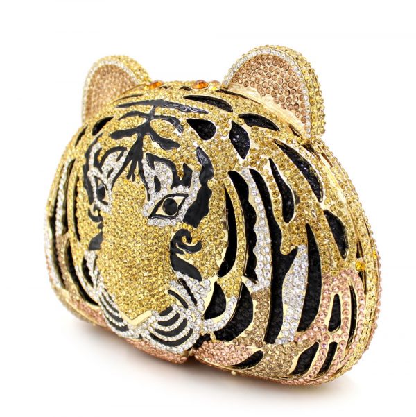 Golden Tiger Head Diamond Clutch Purse Two Ear Closure Buckle - Image 4