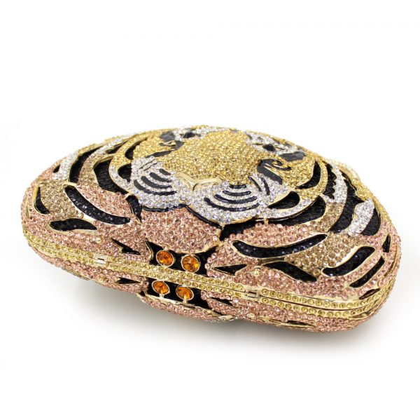 Golden Tiger Head Diamond Clutch Purse Two Ear Closure Buckle - Image 6