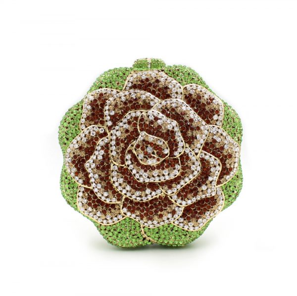 Green Crystal Evening Clutch Bag Rose Flower Shape Hard Case