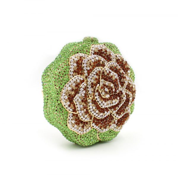 Green Crystal Evening Clutch Bag Rose Flower Shape Hard Case - Image 2