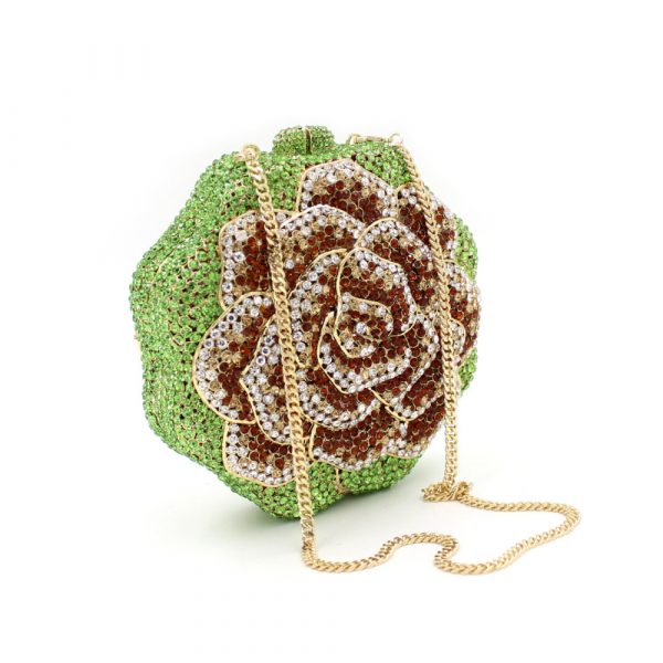 Green Crystal Evening Clutch Bag Rose Flower Shape Hard Case - Image 3