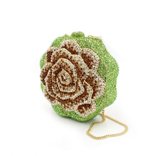 Green Crystal Evening Clutch Bag Rose Flower Shape Hard Case - Image 4