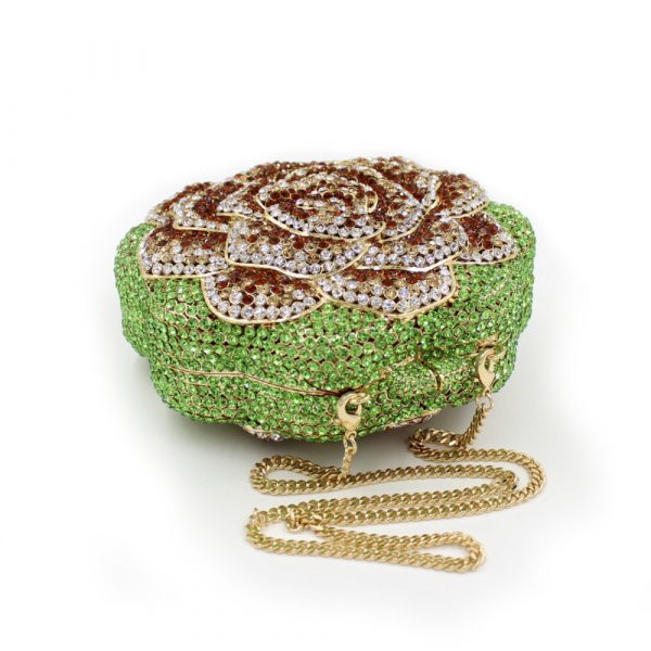 Green Crystal Evening Clutch Bag Rose Flower Shape Hard Case - Image 5