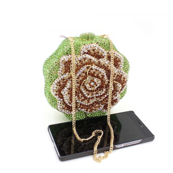 Green Crystal Evening Clutch Bag Rose Flower Shape Hard Case - Image 7