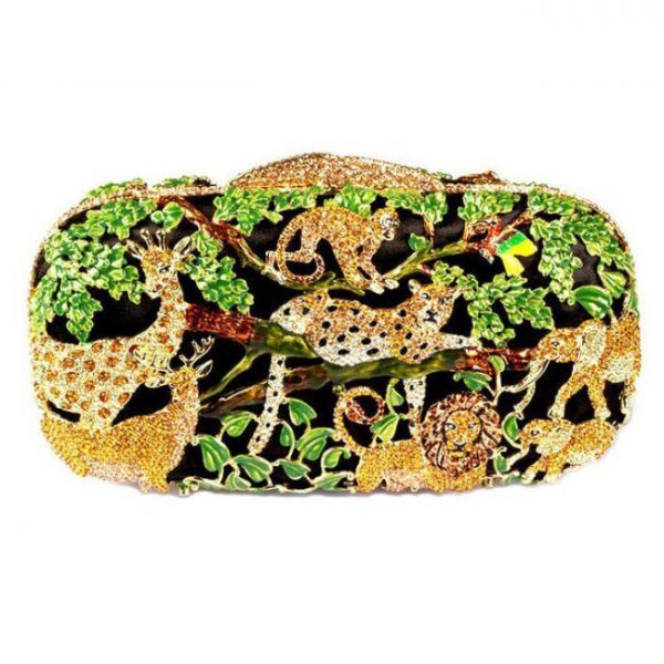 Green Pillow Shape Evening Clutch Zoo Scene with Animals and Trees