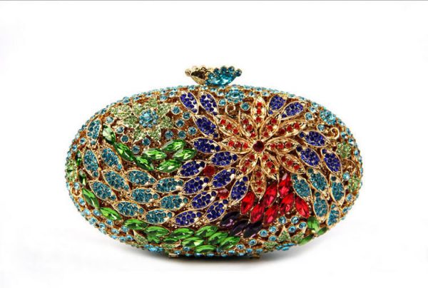 Famous Brand Designer Oval-shaped Ladies Evening Crystal Purse Green Flower Diamonds