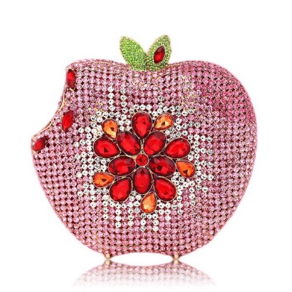 Red Apple Diamond Purse with Oval Waterdrop Shaped Crystals Green Closure Buckle