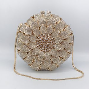 Round Sunflower Crystal Evening Clutch with Golden Chain