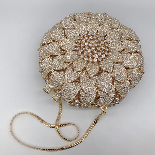 Round Sunflower Crystal Evening Clutch with Golden Chain - Image 2