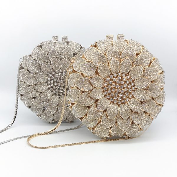 Round Sunflower Crystal Evening Clutch with Golden Chain - Image 7